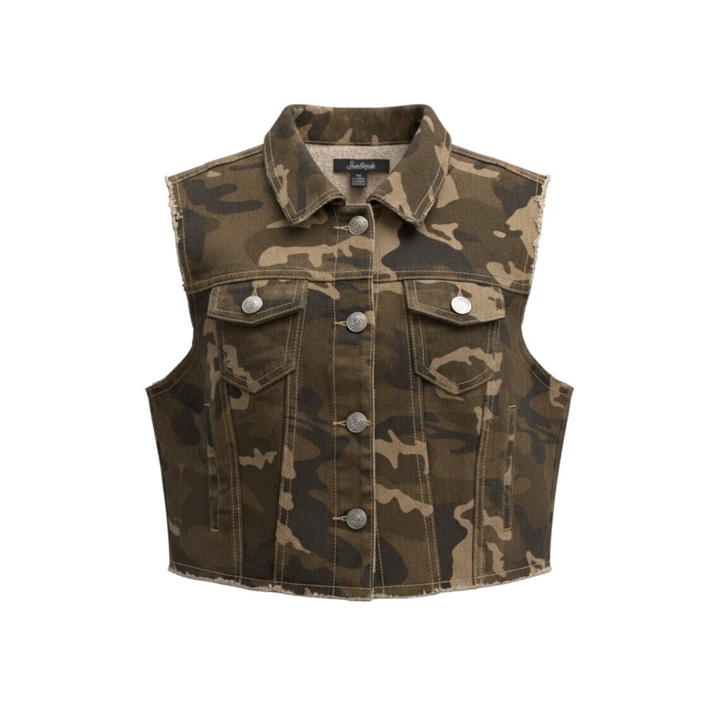 Y2K Southpole Cropped Camo Print‎ Denim Vest Green Sleeveless Button Down M - Picture 2 of 9